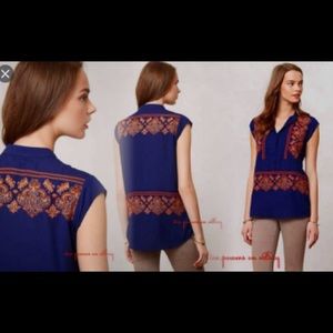 Anthropologie blue embroidered tunic style top